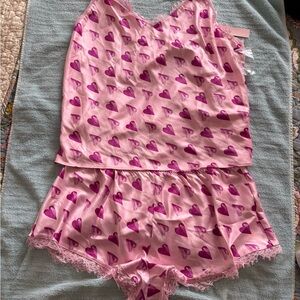 Victoria's Secret Pink Heart Lace Cami Pajama Set L ARGE V-Neck Button Trim  NWT